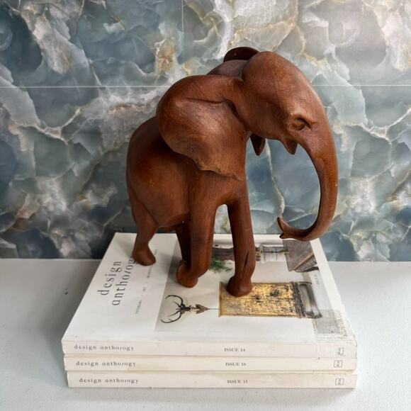 Hand Carved Wooden Elephant Figurine 10" Tall Decorative Sculpture - Picture 1 of 9